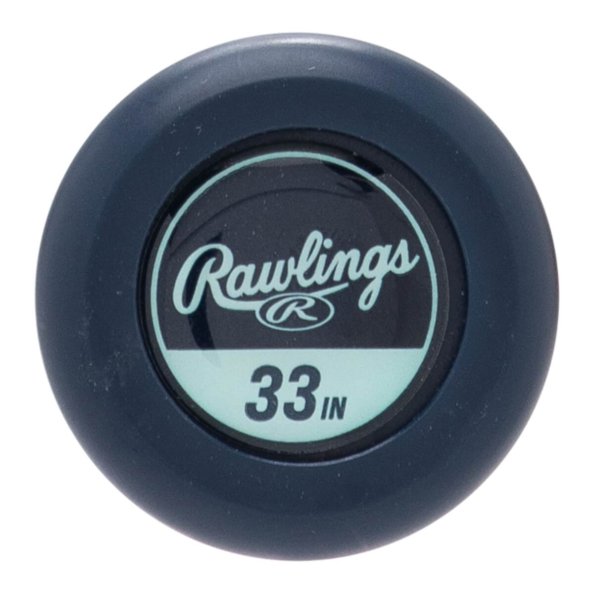 Top-down close-up of a navy blue bat end cap with a light blue Rawlings logo and 33 IN text.