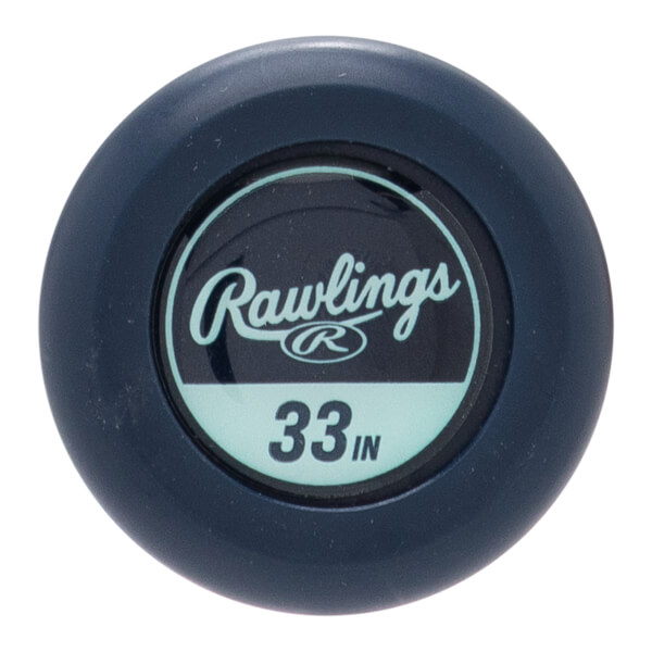 Top-down close-up of a navy blue bat end cap with a light blue Rawlings logo and 33 IN text.