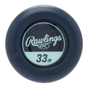 Top-down close-up of a navy blue bat end cap with a light blue Rawlings logo and 33 IN text.