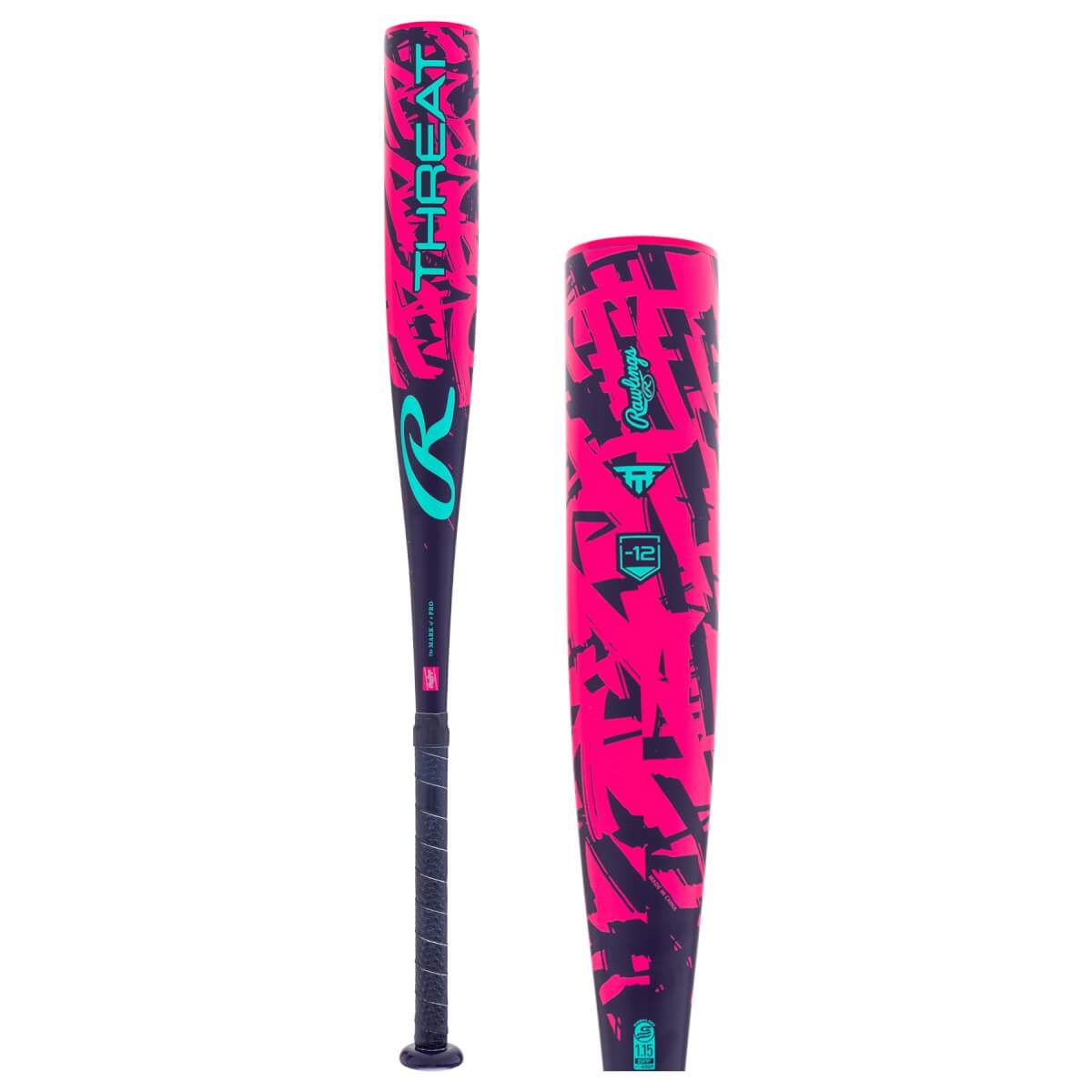 Full view of a dark blue baseball bat with a pink abstract pattern, featuring THREAT, Rawlings, and an R logo.
