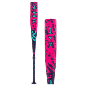Full view of a dark blue baseball bat with a pink abstract pattern, featuring THREAT, Rawlings, and an R logo.