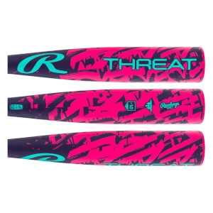 Full view of a pink and dark blue baseball bat with a brushstroke pattern, THREAT in teal, and Rawlings logo.