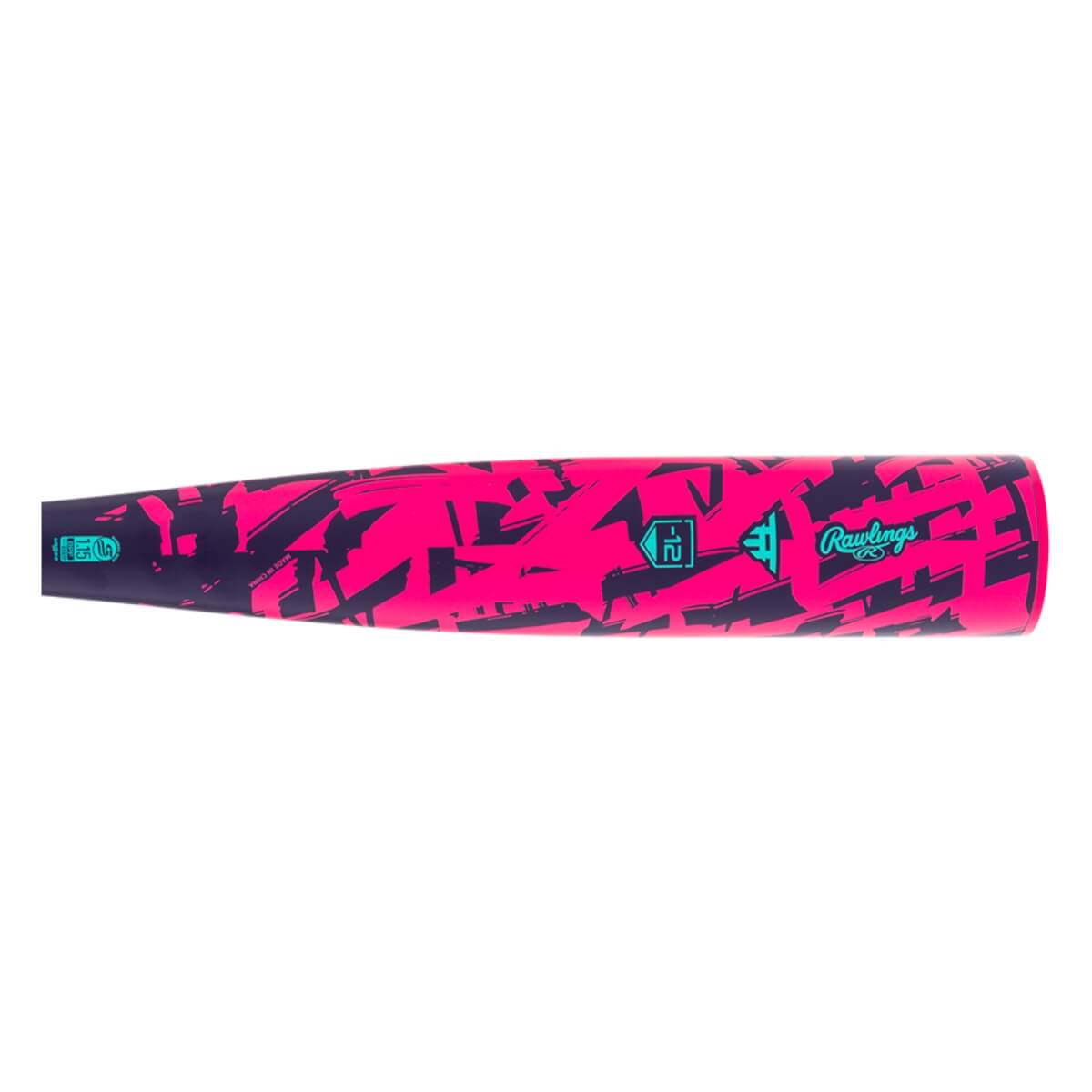Side view of a hot pink baseball bat with dark abstract patterns, a teal Rawlings logo, and a -12 graphic.