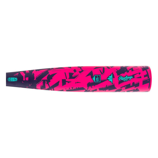Side view of a hot pink baseball bat with dark abstract patterns, a teal Rawlings logo, and a -12 graphic.