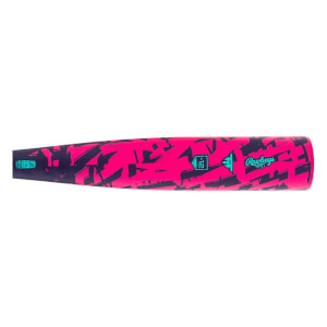 Side view of a hot pink baseball bat with dark abstract patterns, a teal Rawlings logo, and a -12 graphic.