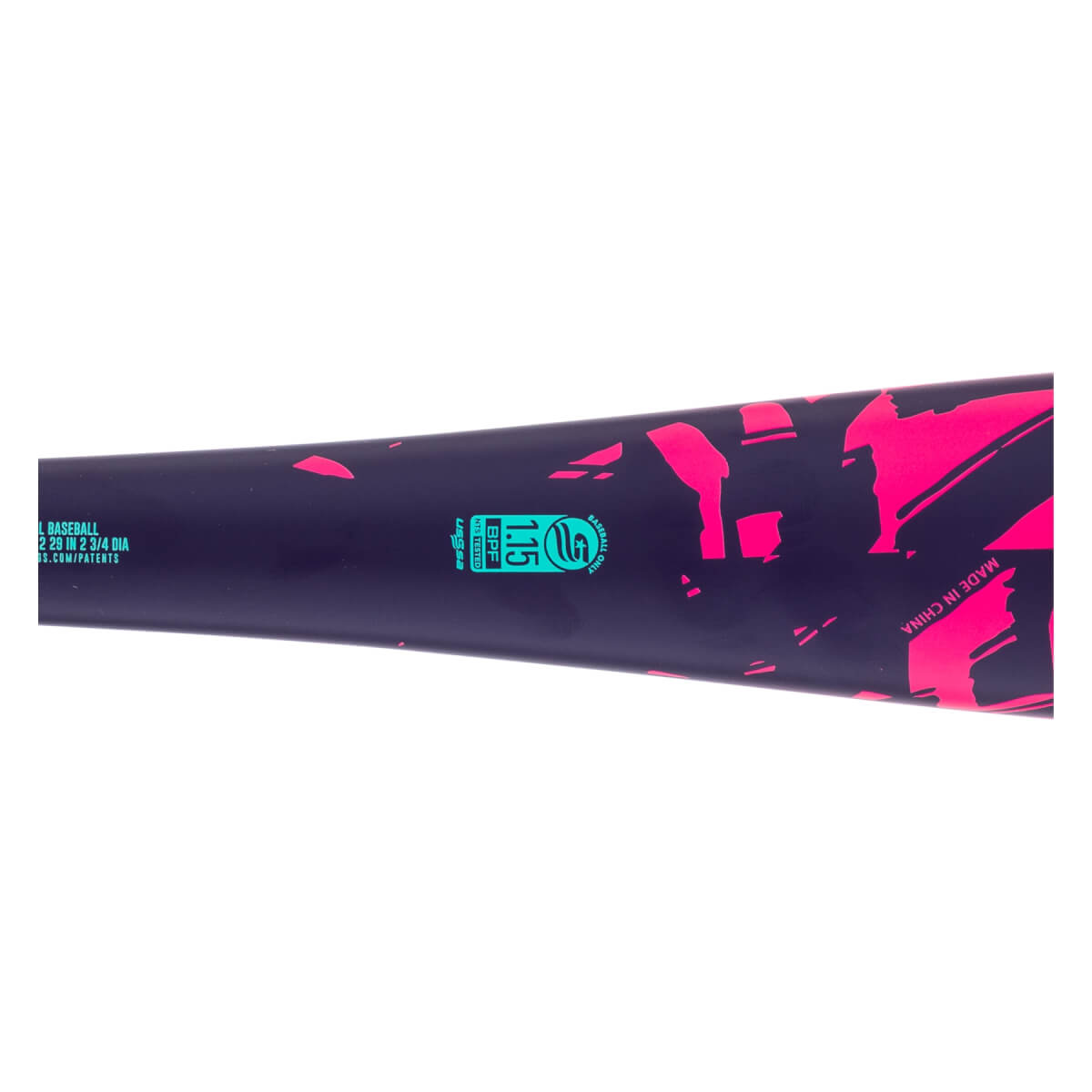Close-up side view of a dark purple baseball bat with pink abstract graphics, a teal USSSA stamp, and MADE IN CHINA text.