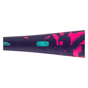 Close-up side view of a dark purple baseball bat with pink abstract graphics, a teal USSSA stamp, and MADE IN CHINA text.