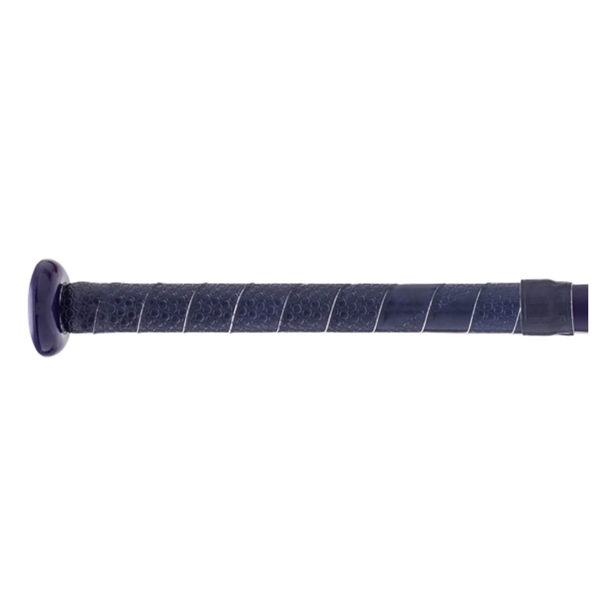 Close-up of a dark blue baseball bat handle with textured grip, white diagonal lines, and a matching knob.