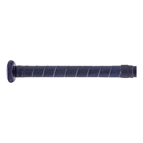 Close-up of a dark blue baseball bat handle with textured grip, white diagonal lines, and a matching knob.