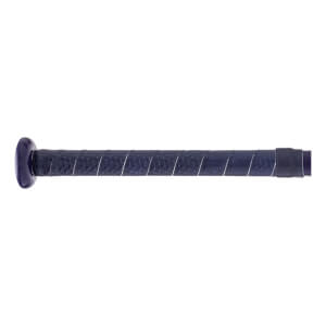 Close-up of a dark blue baseball bat handle with textured grip, white diagonal lines, and a matching knob.