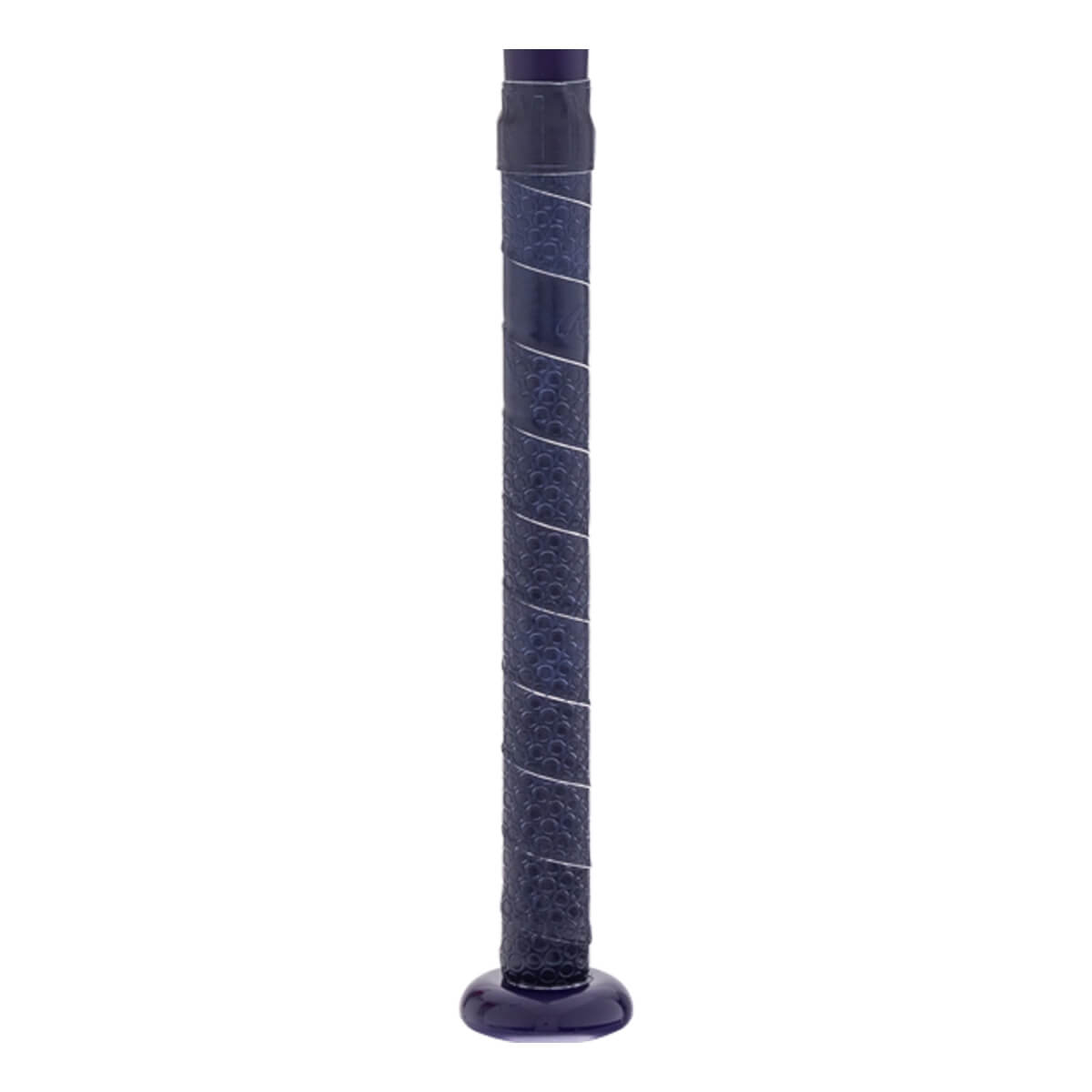 Close-up of a dark blue baseball bat handle with a textured grip, silver spiral stripe, and flared knob.