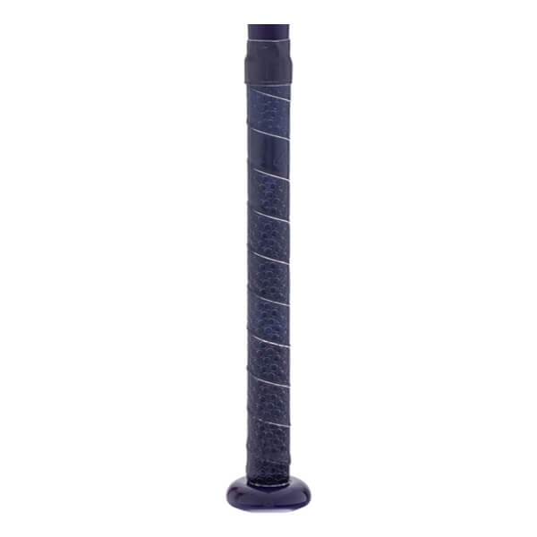Close-up of a dark blue baseball bat handle with a textured grip, silver spiral stripe, and flared knob.