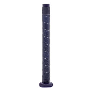 Close-up of a dark blue baseball bat handle with a textured grip, silver spiral stripe, and flared knob.