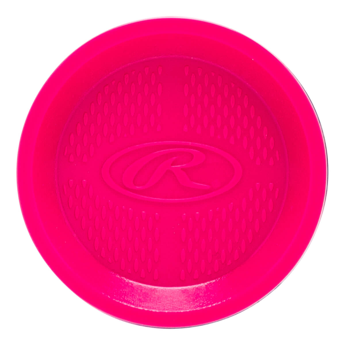 Close-up of a bright pink end cap with an embossed Rawlings R logo and a textured dimpled pattern.