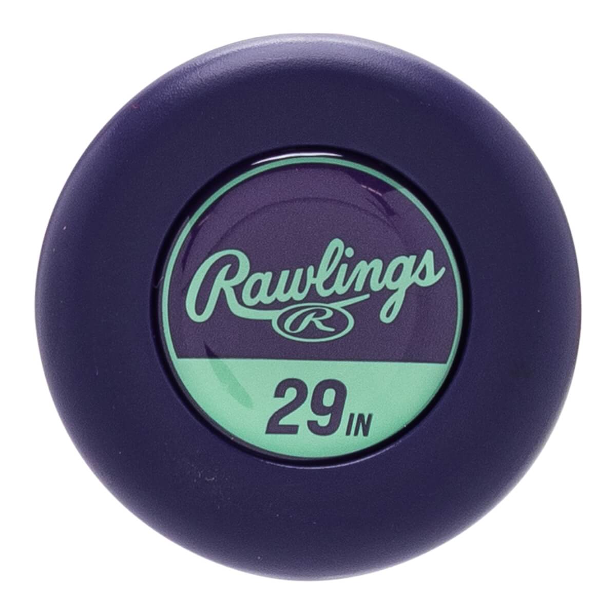 Top-down close-up of a dark purple baseball bat end cap with a teal inner circle featuring the Rawlings logo and 29 IN.