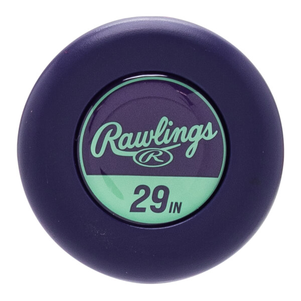 Top-down close-up of a dark purple baseball bat end cap with a teal inner circle featuring the Rawlings logo and 29 IN.