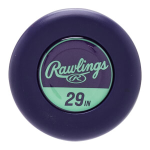 Top-down close-up of a dark purple baseball bat end cap with a teal inner circle featuring the Rawlings logo and 29 IN.