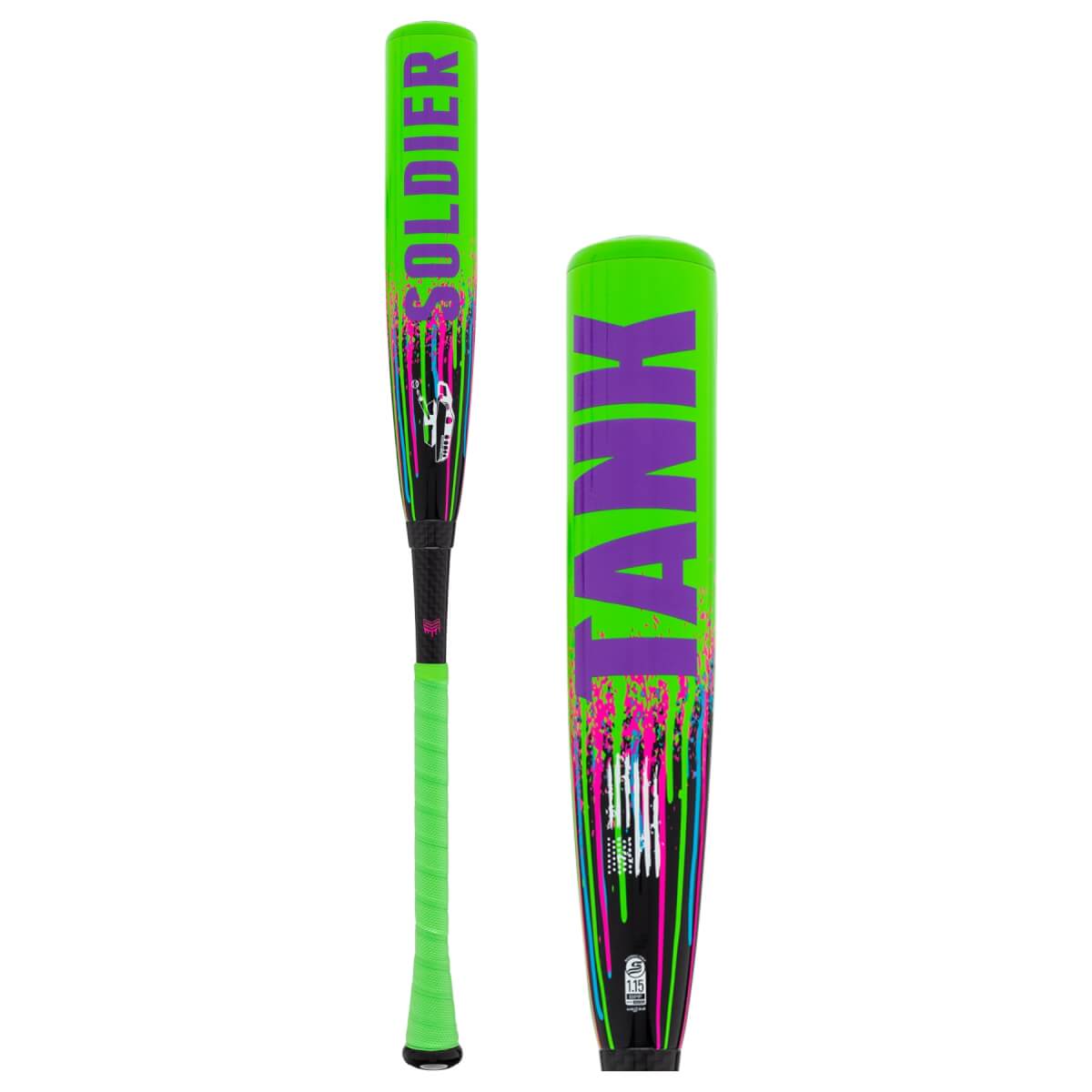 Full and close-up views of a neon green bat featuring purple "SOLDIER" and "TANK" text with colorful paint splatters, a black taper, and a bright green grip.