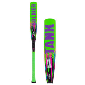 Full and close-up views of a neon green bat featuring purple "SOLDIER" and "TANK" text with colorful paint splatters, a black taper, and a bright green grip.