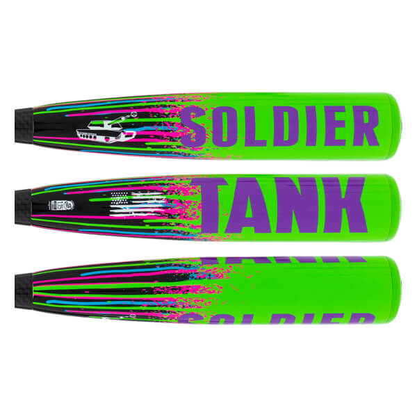 Side views of the neon green bat barrel display bold purple text reading "SOLDIER" and "TANK" alongside a stylized tank icon and colorful splatter graphics.
