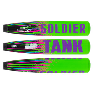 Side views of the neon green bat barrel display bold purple text reading "SOLDIER" and "TANK" alongside a stylized tank icon and colorful splatter graphics.