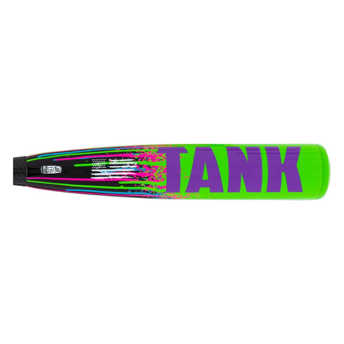 Side view of a neon green and black baseball bat featuring the word "TANK" in large purple letters and vibrant pink, blue, and green paint drip designs.