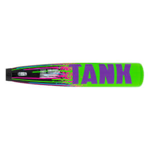 Side view of a neon green and black baseball bat featuring the word "TANK" in large purple letters and vibrant pink, blue, and green paint drip designs.