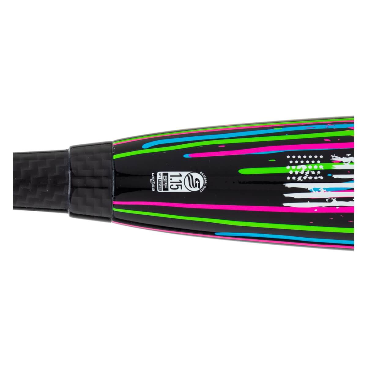 Close-up of the barrel featuring neon stripes, a carbon fiber handle, and a USSSA stamp with the text 1.15 BPF and BASEBALL ONLY.