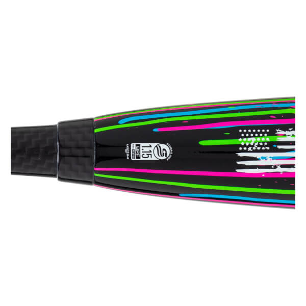 Close-up of the barrel featuring neon stripes, a carbon fiber handle, and a USSSA stamp with the text 1.15 BPF and BASEBALL ONLY.
