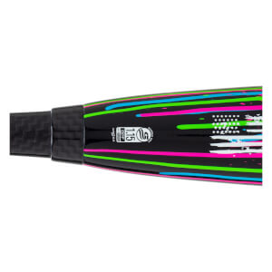 Close-up of the barrel featuring neon stripes, a carbon fiber handle, and a USSSA stamp with the text 1.15 BPF and BASEBALL ONLY.