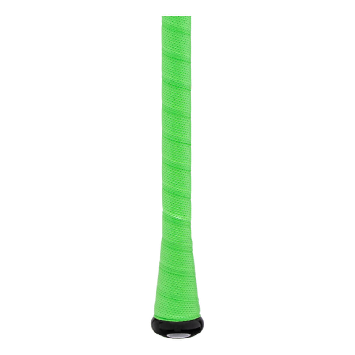 Close-up of the bat handle features bright green perforated grip tape ending in a black flared knob.