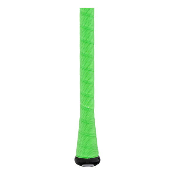 Close-up of the bat handle features bright green perforated grip tape ending in a black flared knob.