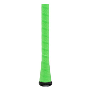 Close-up of the bat handle features bright green perforated grip tape ending in a black flared knob.