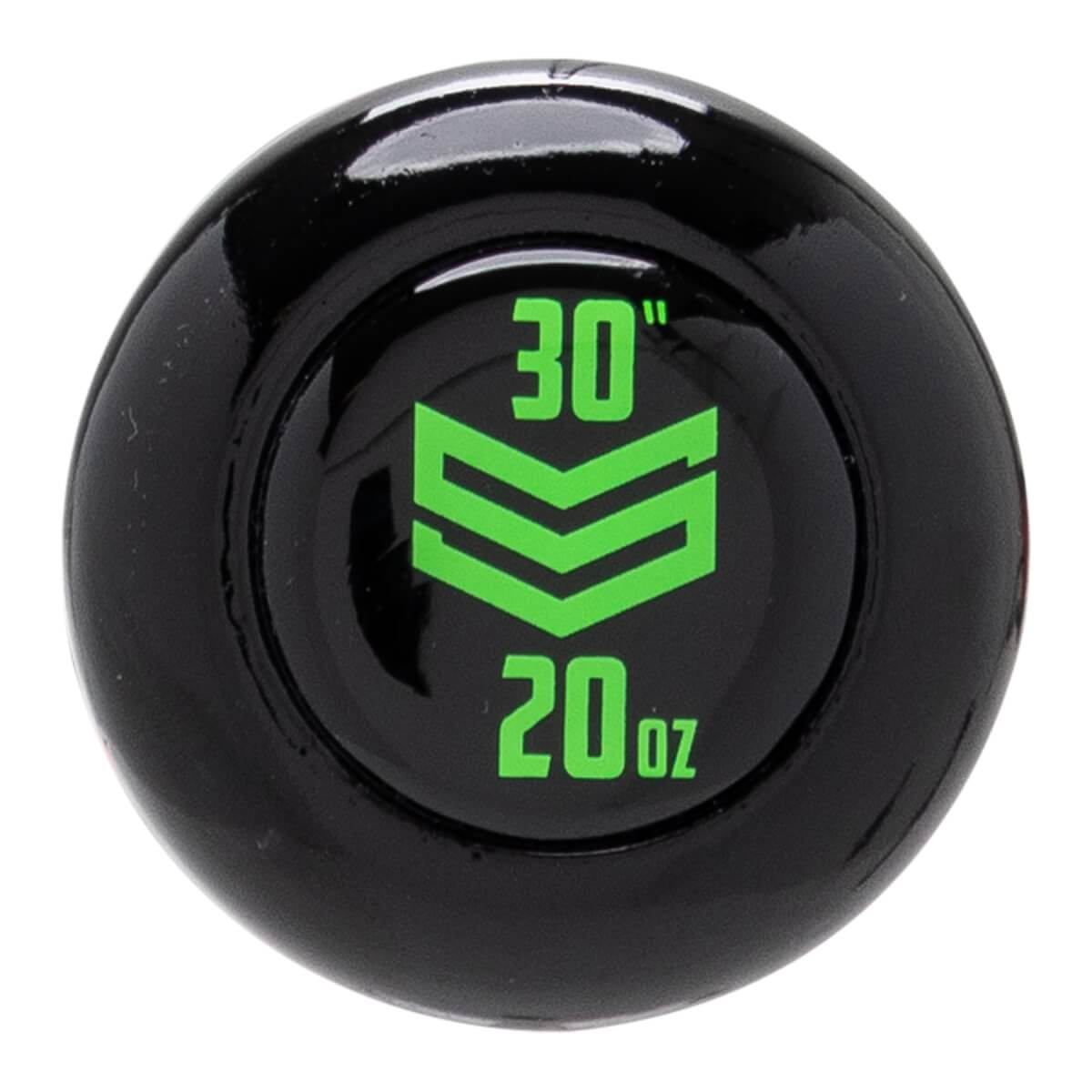 Top-down view of the black end cap featuring a lime green chevron logo centered between 30" and 20oz text.