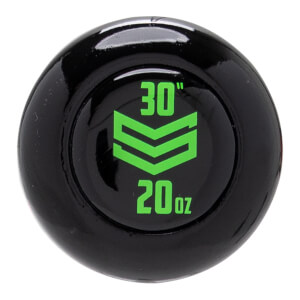 Top-down view of the black end cap featuring a lime green chevron logo centered between 30" and 20oz text.