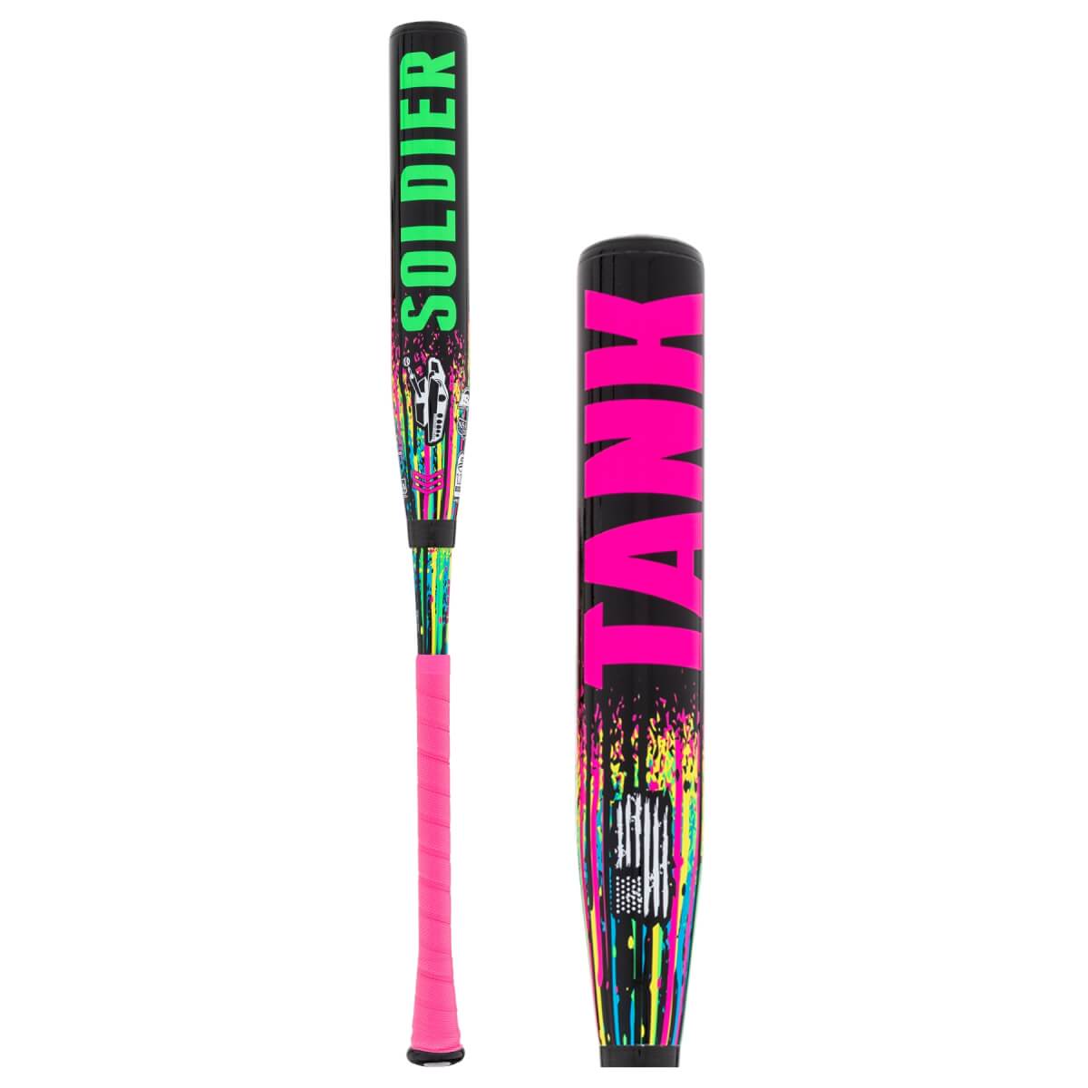 Front and close-up views show a black bat with neon green and pink SOLDIER and TANK text, vibrant paint splatter graphics, and a pink handle grip.