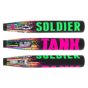Composite side views of the black barrel featuring neon green "SOLDIER" and pink "TANK" text with vibrant paint splatter, a tank icon, and an American flag graphic.