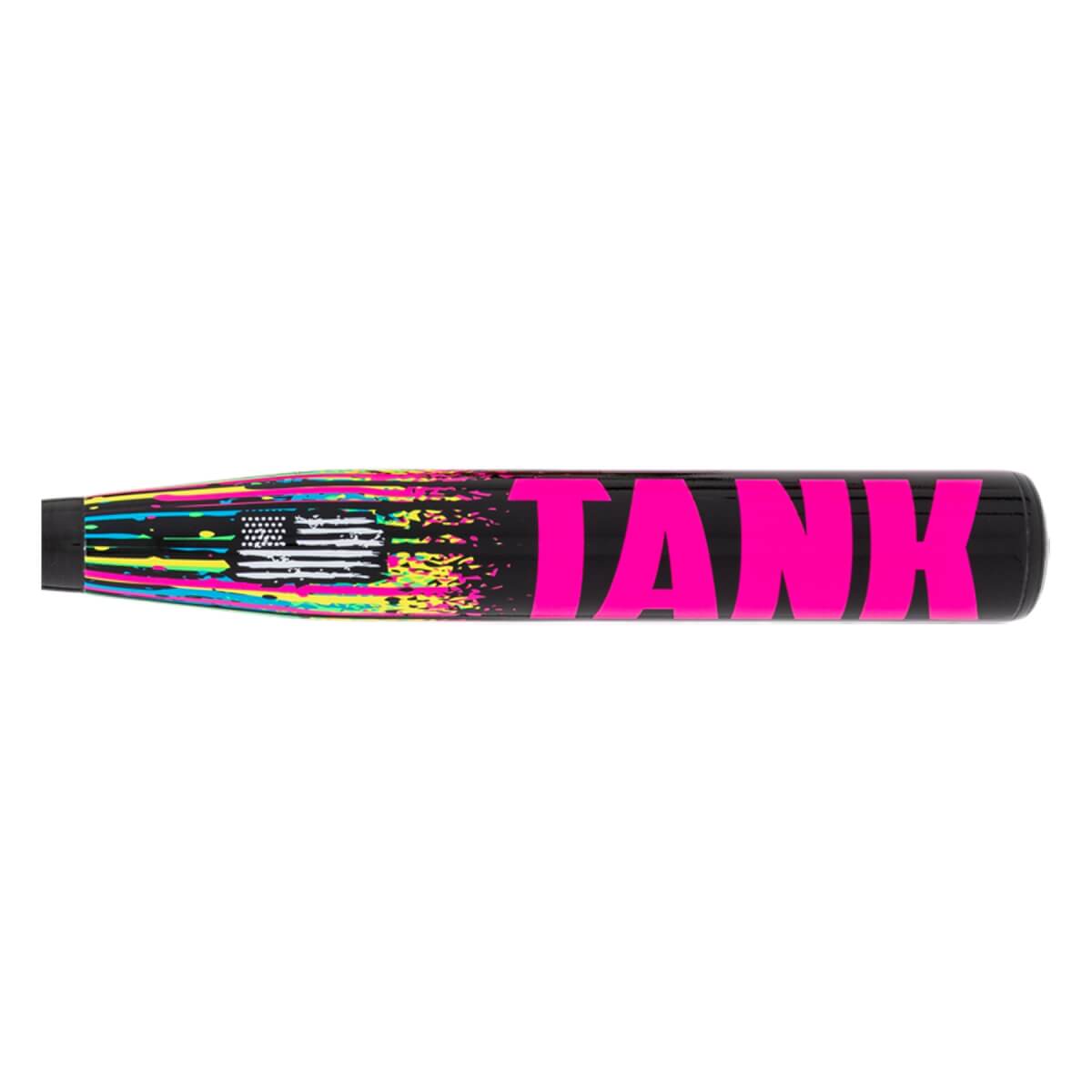 Side view of a black softball bat featuring neon paint splatters, a small American flag, and the word TANK in oversized, bold pink letters across the barrel.
