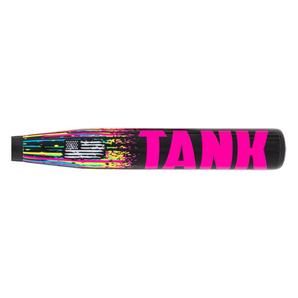 Side view of a black softball bat featuring neon paint splatters, a small American flag, and the word TANK in oversized, bold pink letters across the barrel.