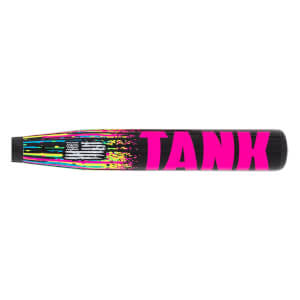 Side view of a black softball bat featuring neon paint splatters, a small American flag, and the word TANK in oversized, bold pink letters across the barrel.