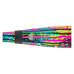 Close-up of the colorful neon splatter barrel showcasing the USA SOFTBALL and WBSC CERTIFIED stamps.