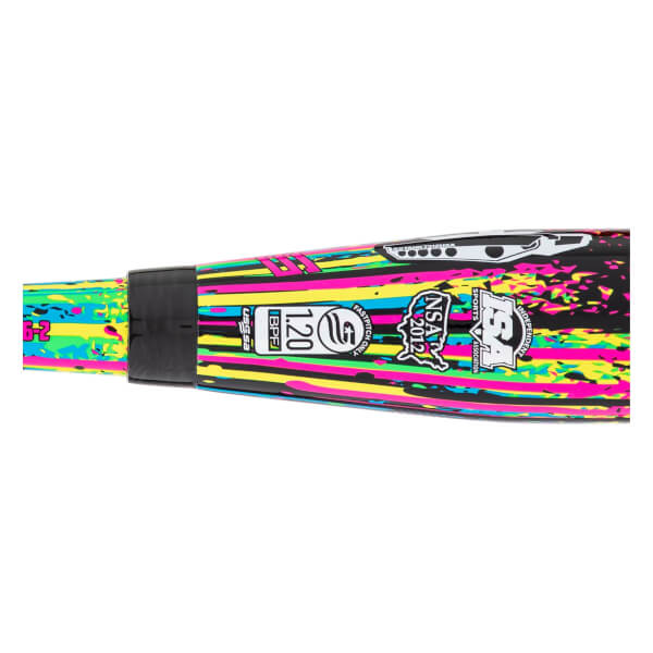 Close-up of the bat barrel featuring a neon paint-splattered design and certification stamps for USSSA BPF 1.20, NSA 2012, ISA, and Fastpitch Only.