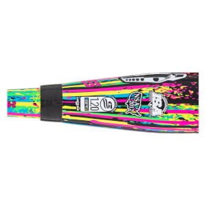 Close-up of the bat barrel featuring a neon paint-splattered design and certification stamps for USSSA BPF 1.20, NSA 2012, ISA, and Fastpitch Only.