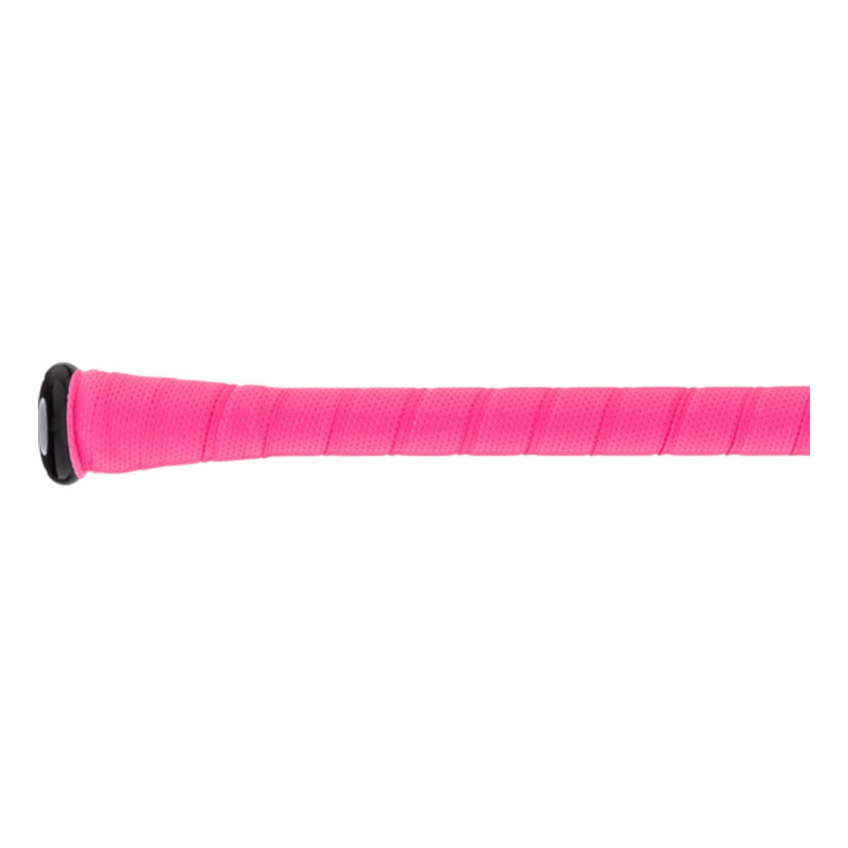 Side view of the bat handle features a bright pink textured grip wrap and a solid black knob at the base.