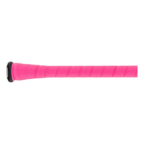 Side view of the bat handle features a bright pink textured grip wrap and a solid black knob at the base.