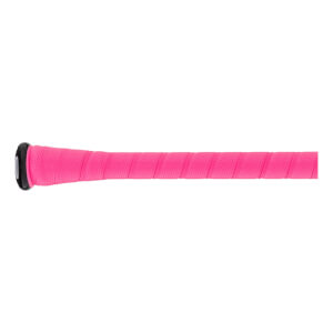 Side view of the bat handle features a bright pink textured grip wrap and a solid black knob at the base.
