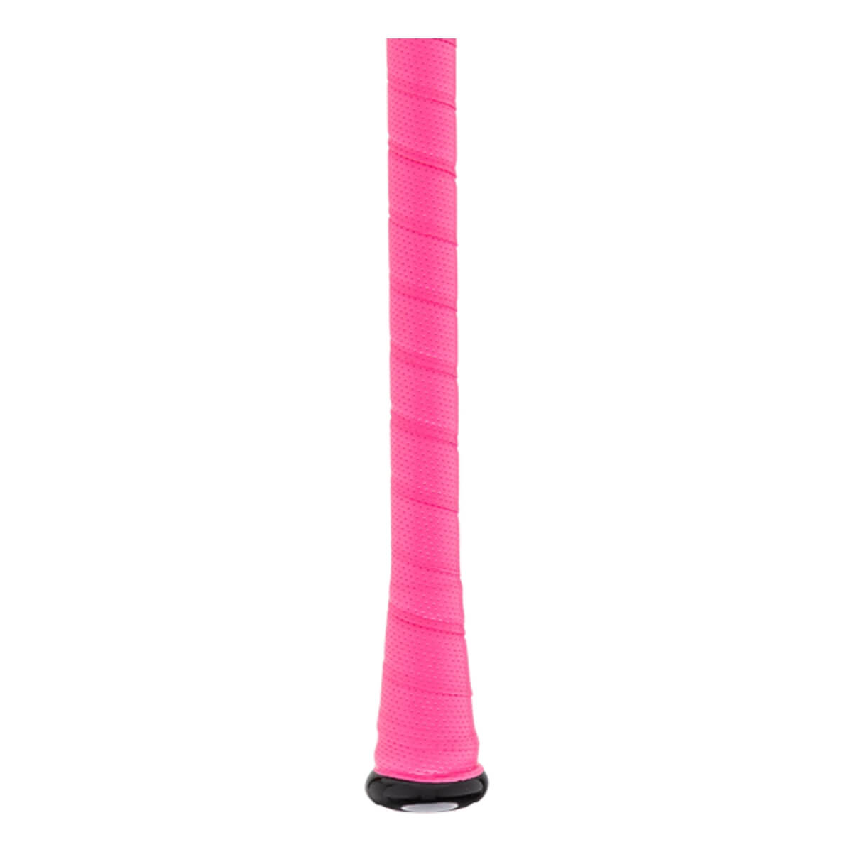 Close-up view of the bat handle featuring bright pink perforated grip tape and a black knob at the base.
