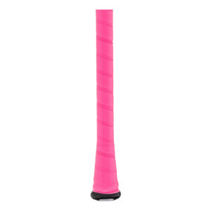 Close-up view of the bat handle featuring bright pink perforated grip tape and a black knob at the base.