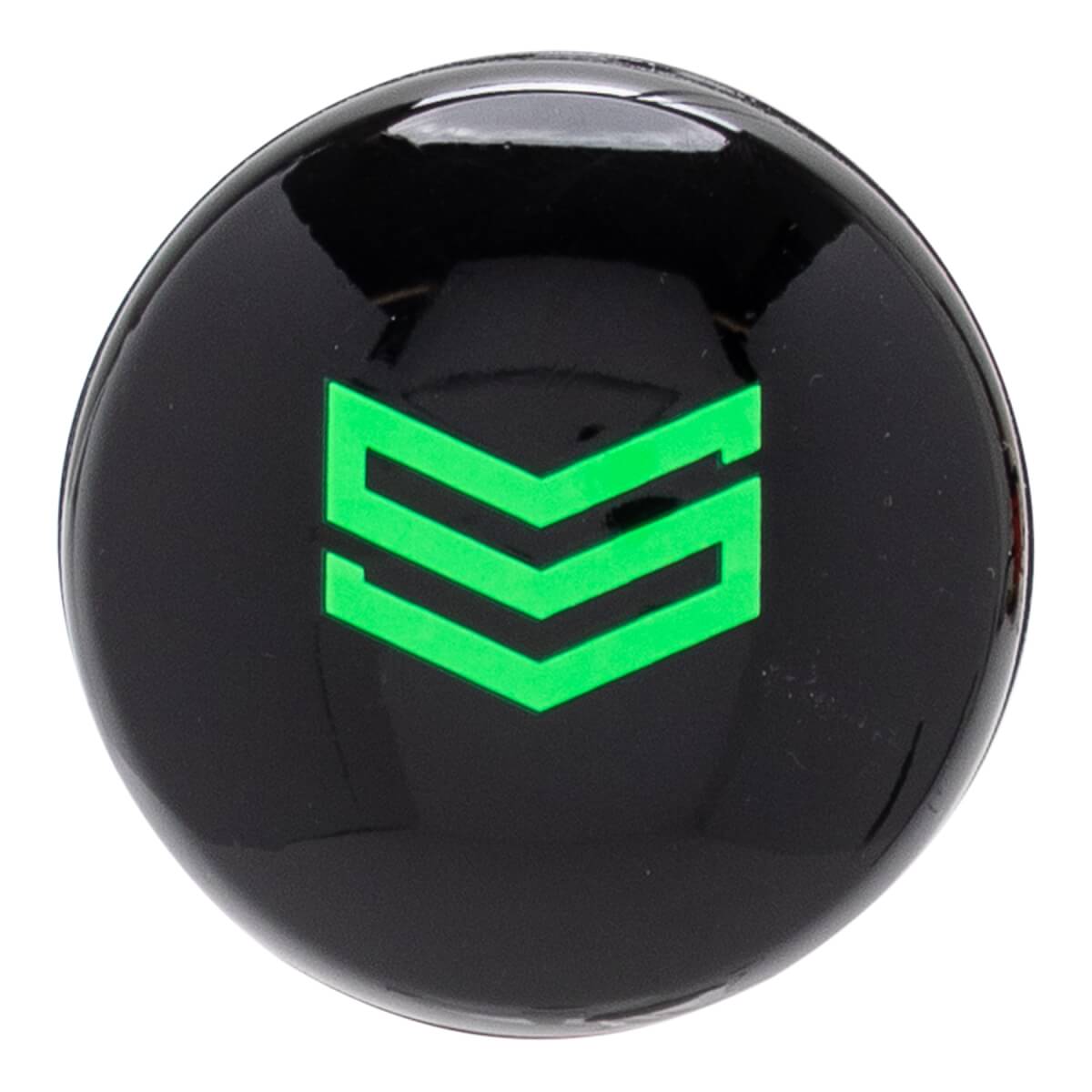 Close-up of the bat knob featuring a glossy black circular surface with a bright green "S" logo composed of three stacked chevron stripes.