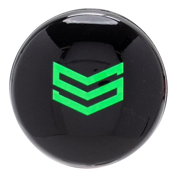 Close-up of the bat knob featuring a glossy black circular surface with a bright green "S" logo composed of three stacked chevron stripes.
